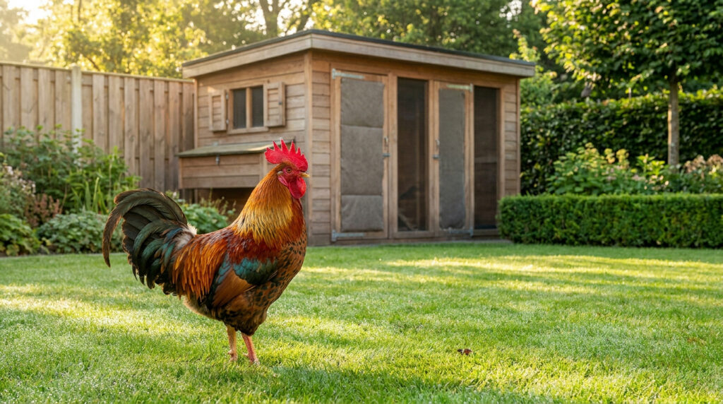 Coq chantant au petit matin dans une basse-cour, bec ouvert et cou tendu