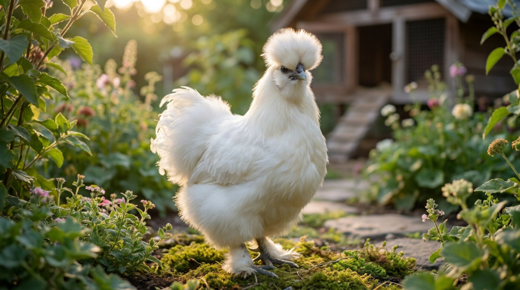 Poule soie blanche au plumage duveteux dans une basse-cour
