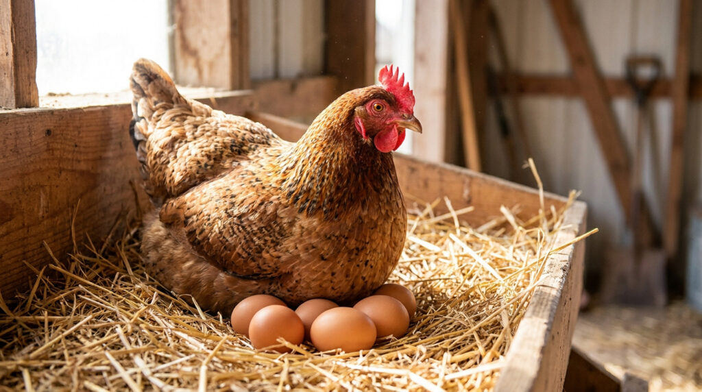 Poule et ses œufs dans un nid de paille au poulailler