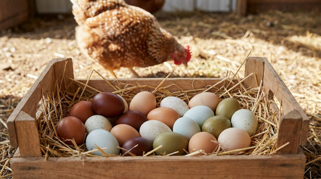 Œufs de poule de différentes couleurs (blanc, brun, bleu, vert, chocolat) dans un panier de basse-cour