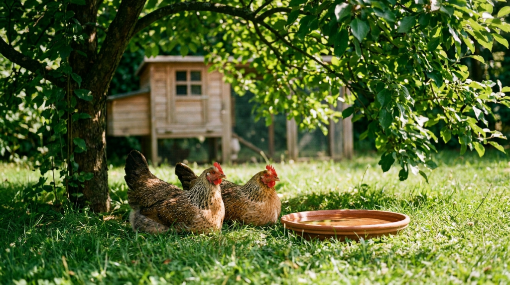 Poules brunes et mouchetées au repos à l'ombre d'un arbre dans un jardin en été, près d'une coupelle d'eau fraîche