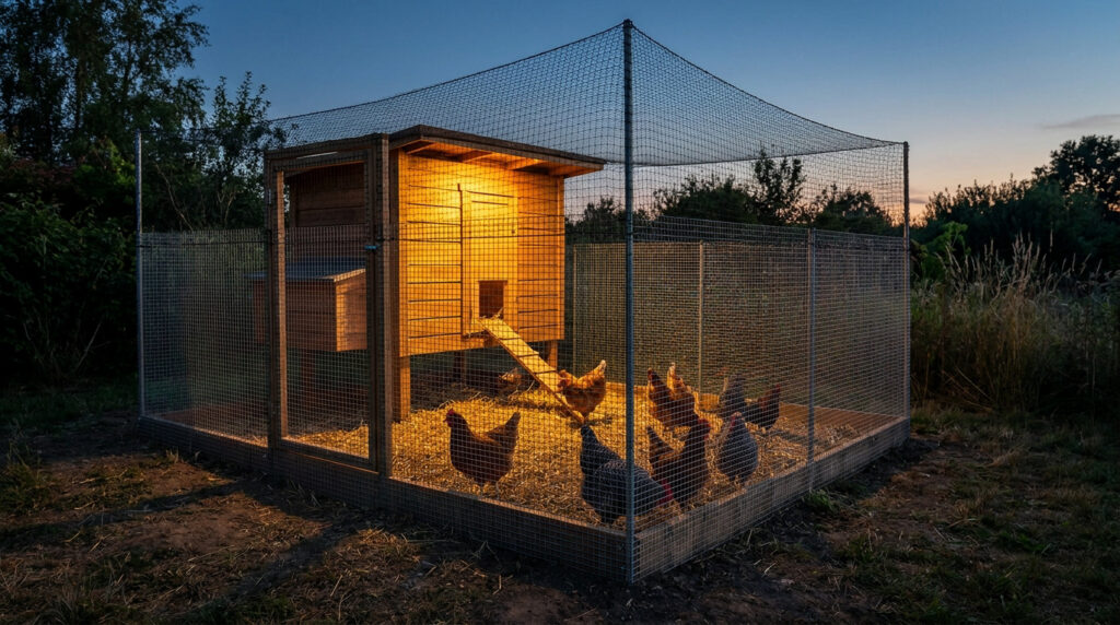 Poulailler sécurisé au crépuscule avec enclos grillagé fermé