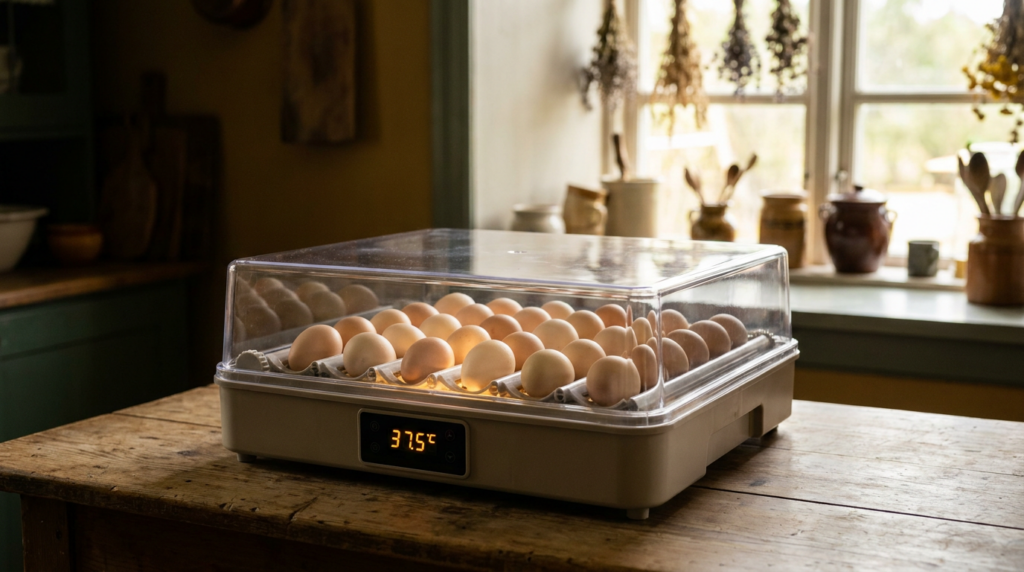 Couveuse artificielle a couvercle transparent remplie d'oeufs de poule, avec afficheur digital de temperature, posee sur une table en bois dans une ferme lumineuse