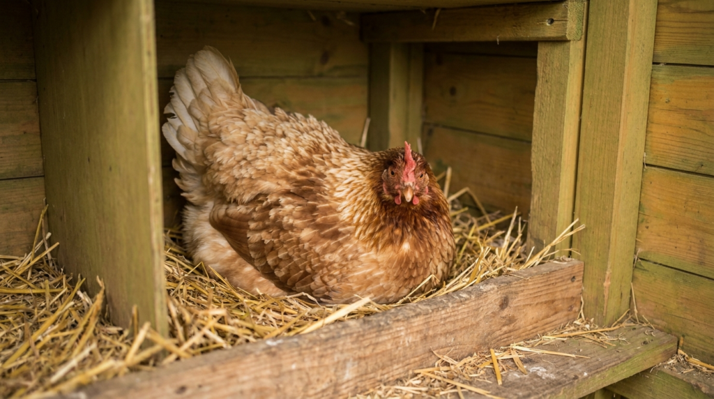 Poule brune au plumage gonflé installée sur un nid de paille vide, sans aucun œuf, dans un poulailler en bois — couvaison à vide