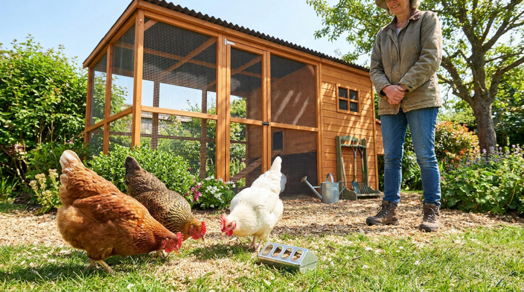 Poulailler de particulier protégé et poules à l'abri face au risque de grippe aviaire