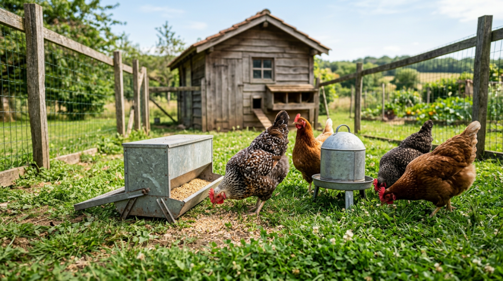 Poules brunes et mouchetées en bonne santé picorant l'herbe d'un enclos propre près d'une mangeoire, poulailler en bois en arrière-plan