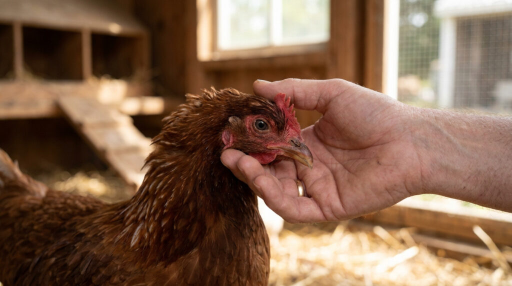 Poule présentant un gonflement de la face et un écoulement nasal caractéristiques du coryza