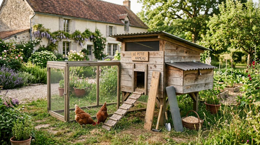Poulailler en bois construit maison, surélevé sur pieds avec rampe et enclos grillagé, dans un jardin ensoleillé, quelques poules brunes autour