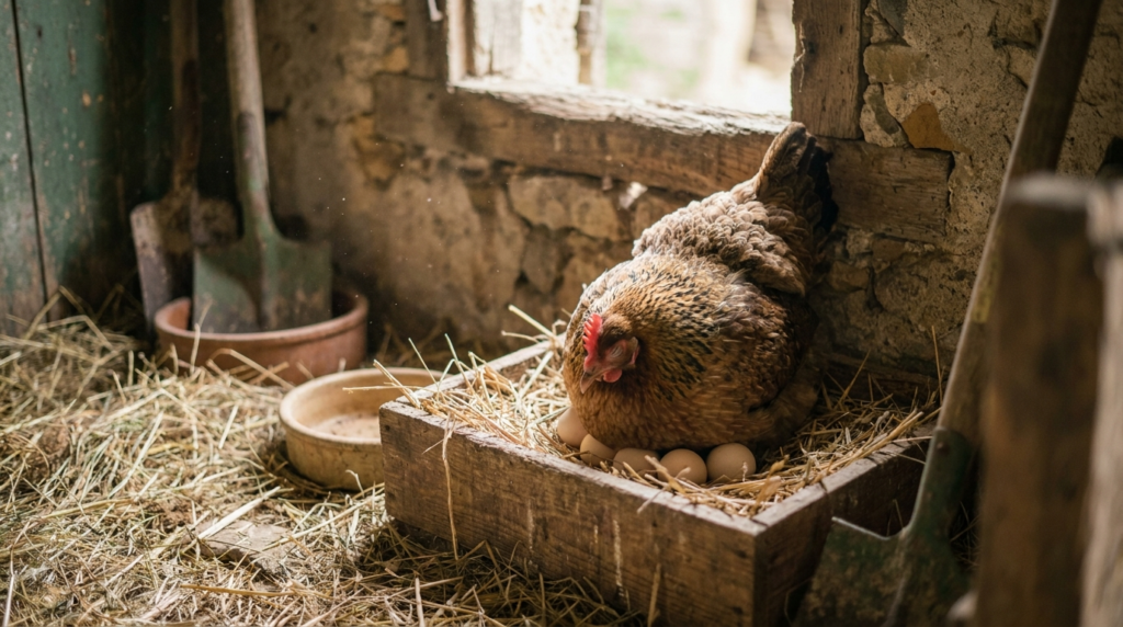 Poule couveuse au plumage gonflé installée sur une couvée d'œufs dans un nid de paille, à l'intérieur d'un poulailler en bois