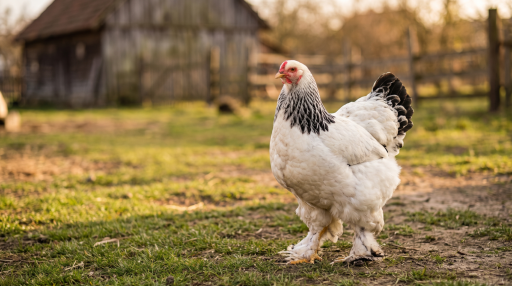 Poule Brahma herminée de grande race, aux pattes emplumées, debout dans une basse-cour ensoleillée devant un poulailler en bois