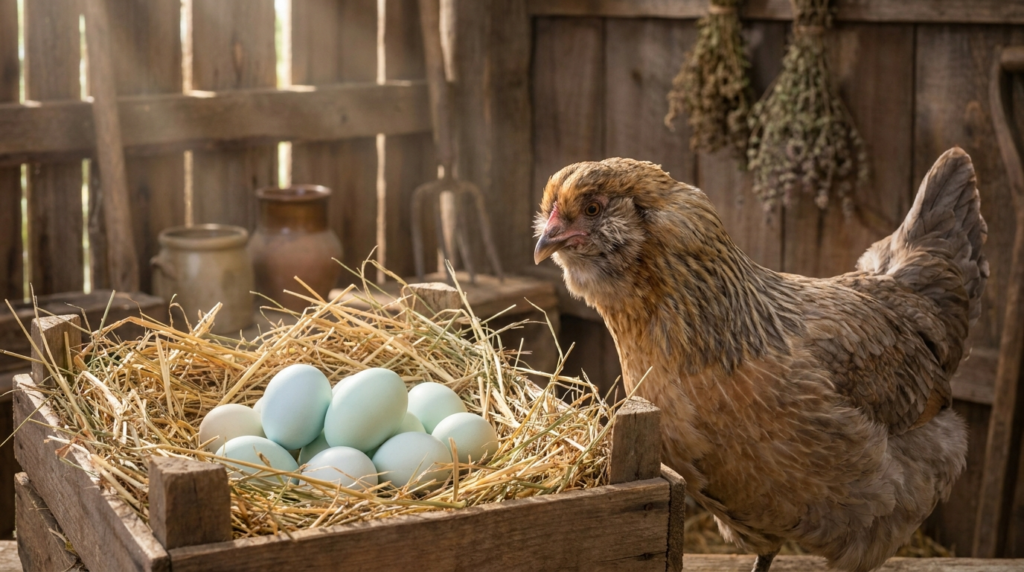 Nid de paille rempli d'œufs bleu pastel et turquoise dans un poulailler en bois, avec une poule Araucana huppée à favoris à côté du nid