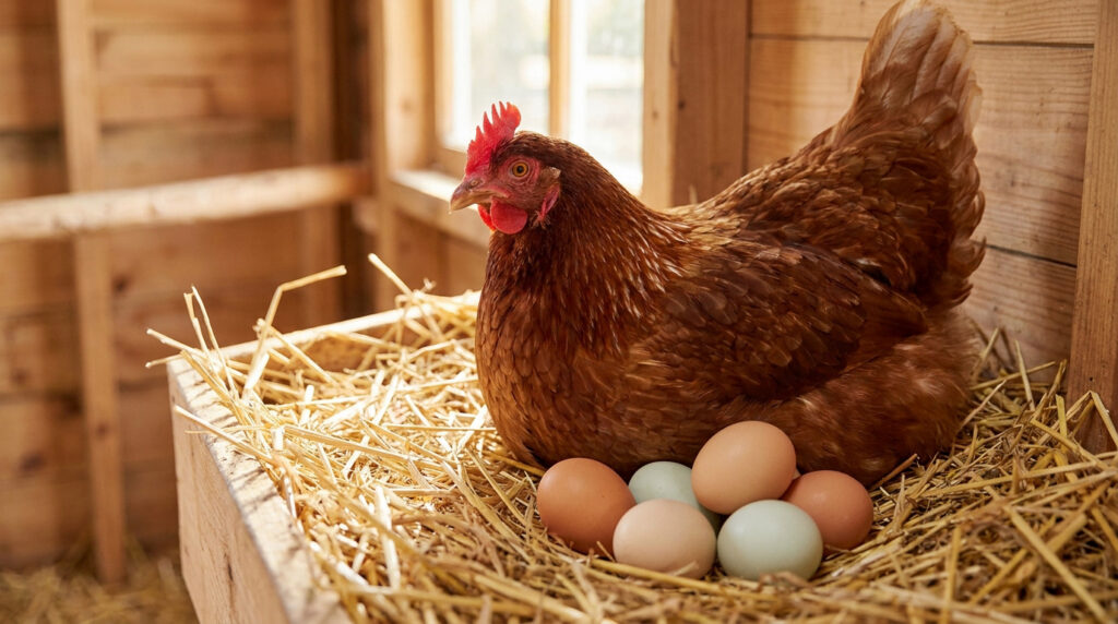 Poule pondeuse rousse dans un pondoir avec plusieurs œufs frais