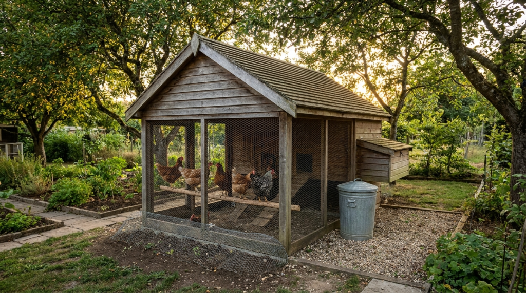 Poulailler en bois sécurisé dans un jardin au crépuscule, poules au perchoir derrière un grillage à maille fine, bidon d'aliment fermé, abords dégagés