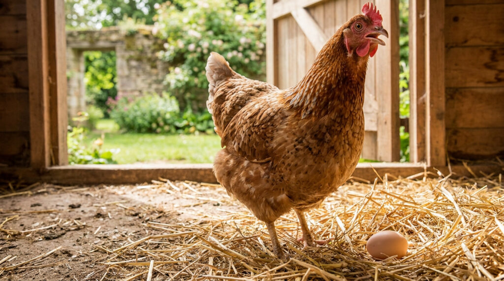 Poule le bec ouvert en train de chanter dans une basse-cour