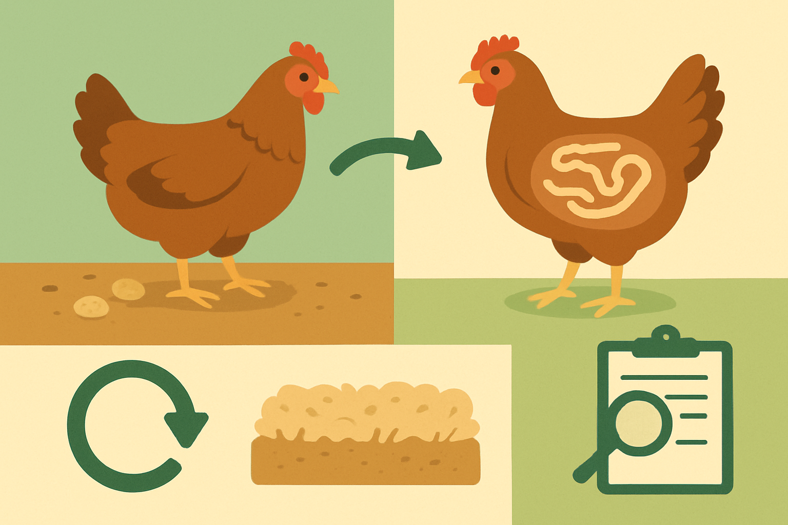 Schema du cycle des vers intestinaux de la poule : oeufs dans le sol, ingestion, vers adultes dans l'intestin, et gestes de prevention (rotation du parcours, litiere seche, coproscopie)