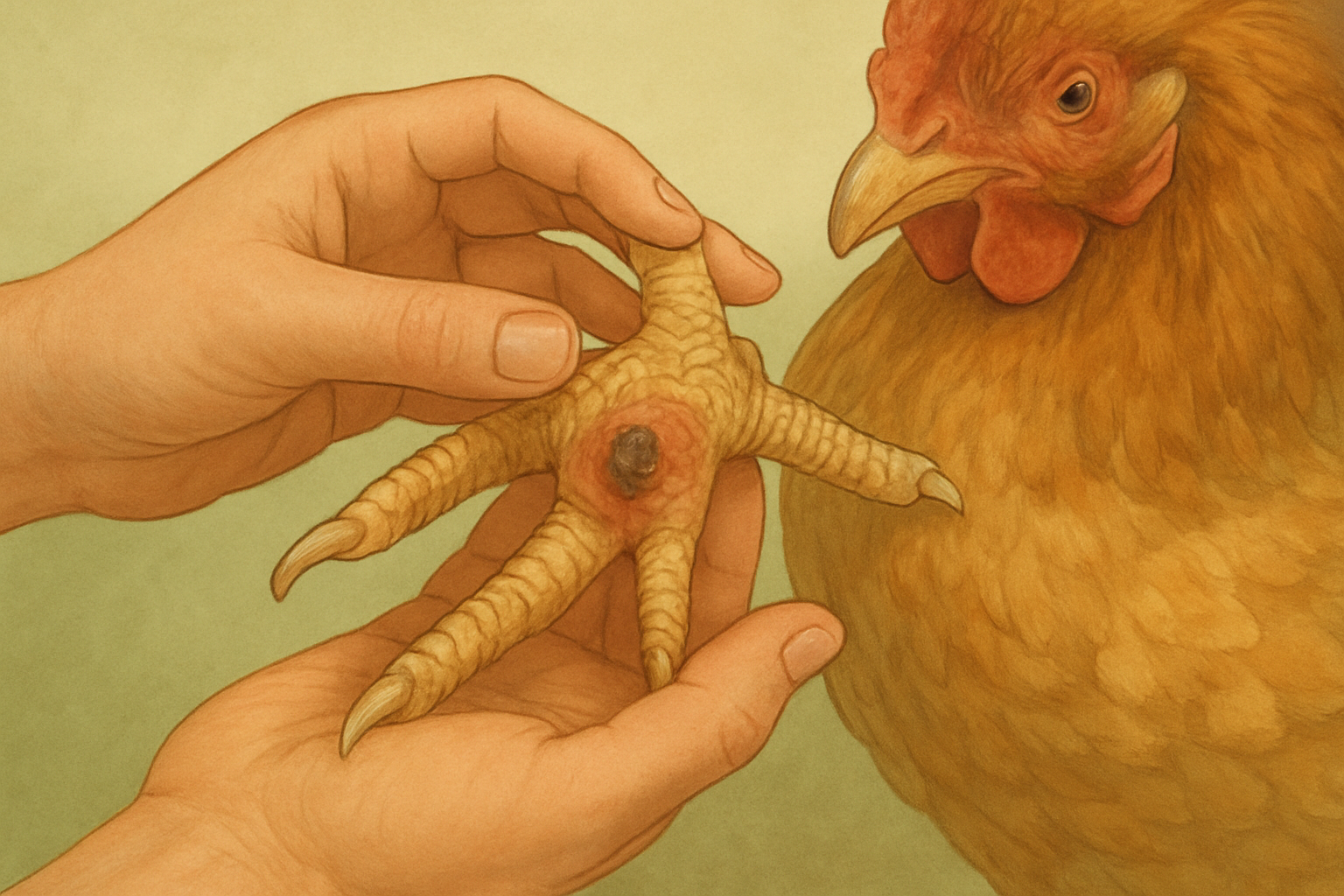 Examen de la patte d'une poule qui boite : deux mains inspectent le dessous du pied a la recherche d'une pododermatite (bumblefoot), coussinet gonfle et crouteux