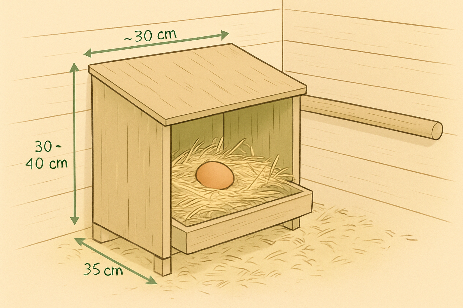 Schema en coupe d'un pondoir a poules : dimensions ideales, nid surele et place plus bas que le perchoir, garnissage de paille, rebord anti-roulement et toit incline