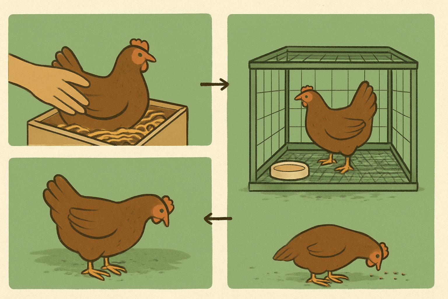 Schema en trois etapes pour arreter une poule qui couve a vide : retirer la poule du nid vide, la placer en cage a fond grillage aeree avec eau et grain, puis la poule qui repique et se remet a picorer