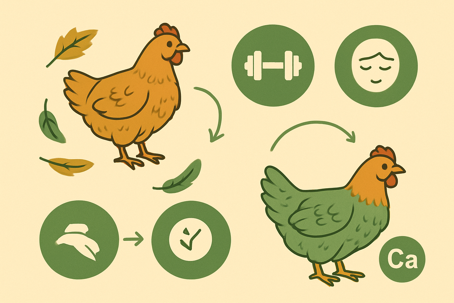 Illustration du cycle de mue d'une poule en automne : chute des vieilles plumes puis repousse, avec les soins a apporter (proteines, calme, calcium)