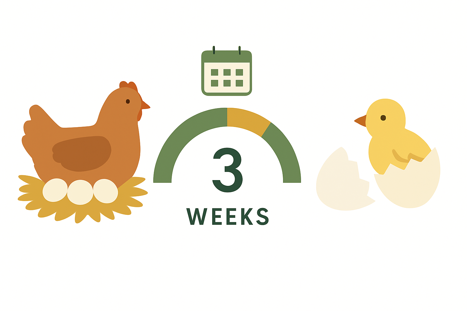 Schema du cycle de couvaison d'une poule en trois semaines : la poule sur les oeufs, les 21 jours d'incubation, puis l'eclosion du poussin