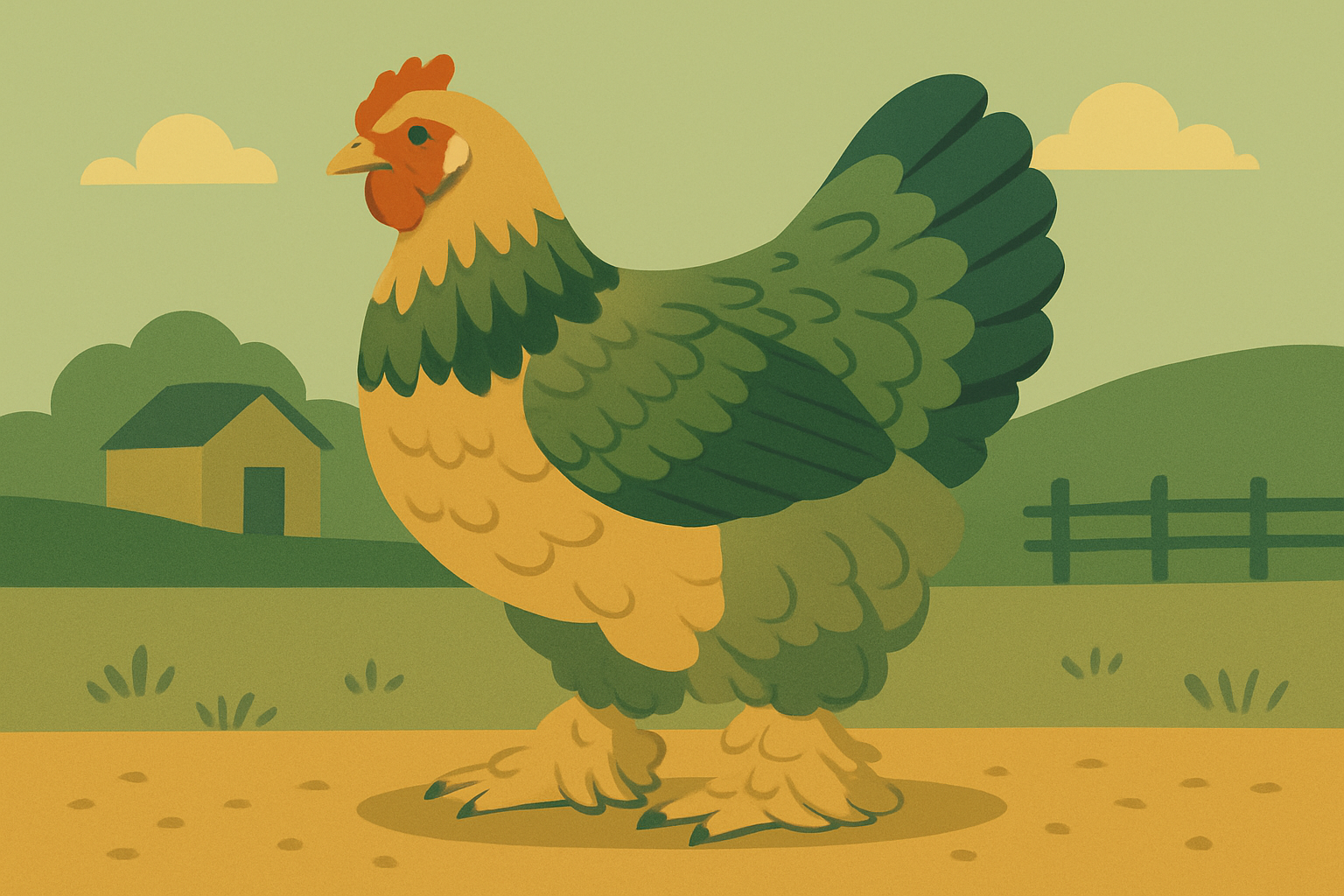 Illustration d'une poule Brahma, grande race a pattes emplumees, dans une basse-cour aux tons vert et ocre