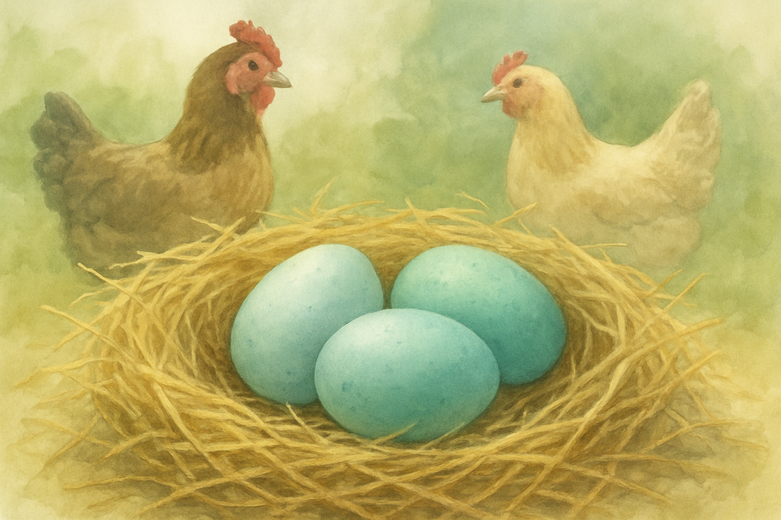 Trois œufs de poule bleu pastel et turquoise dans un nid de paille, avec en arrière-plan une poule Araucana huppée et une Cream Legbar creme