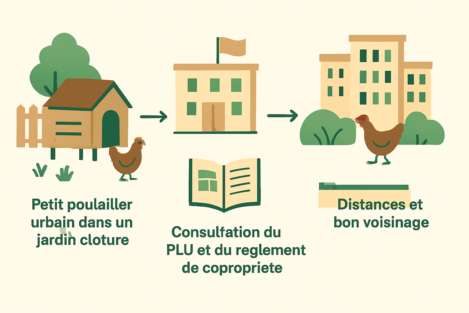 Schema des demarches pour avoir des poules en ville : declaration en mairie, consultation du PLU et du reglement de copropriete, distances et bon voisinage, petit poulailler urbain