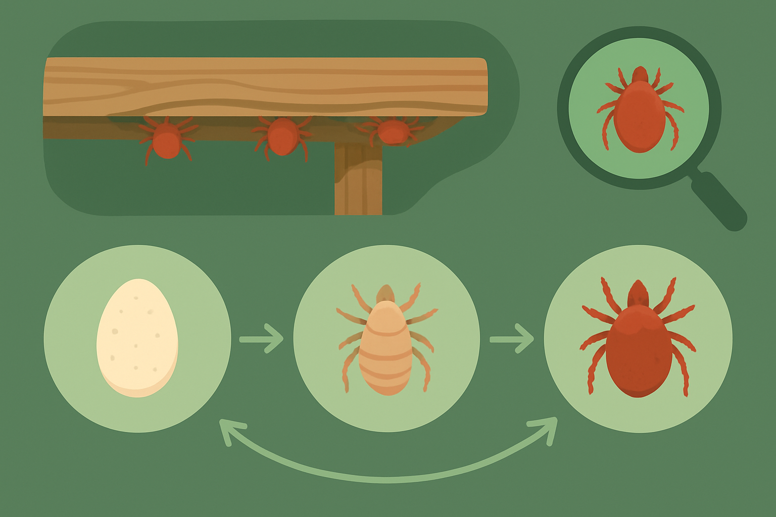 Schema du cycle de vie du pou rouge du poulailler et de l'inspection du perchoir : oeuf, larve, nymphe, adulte, cache dans les interstices du bois