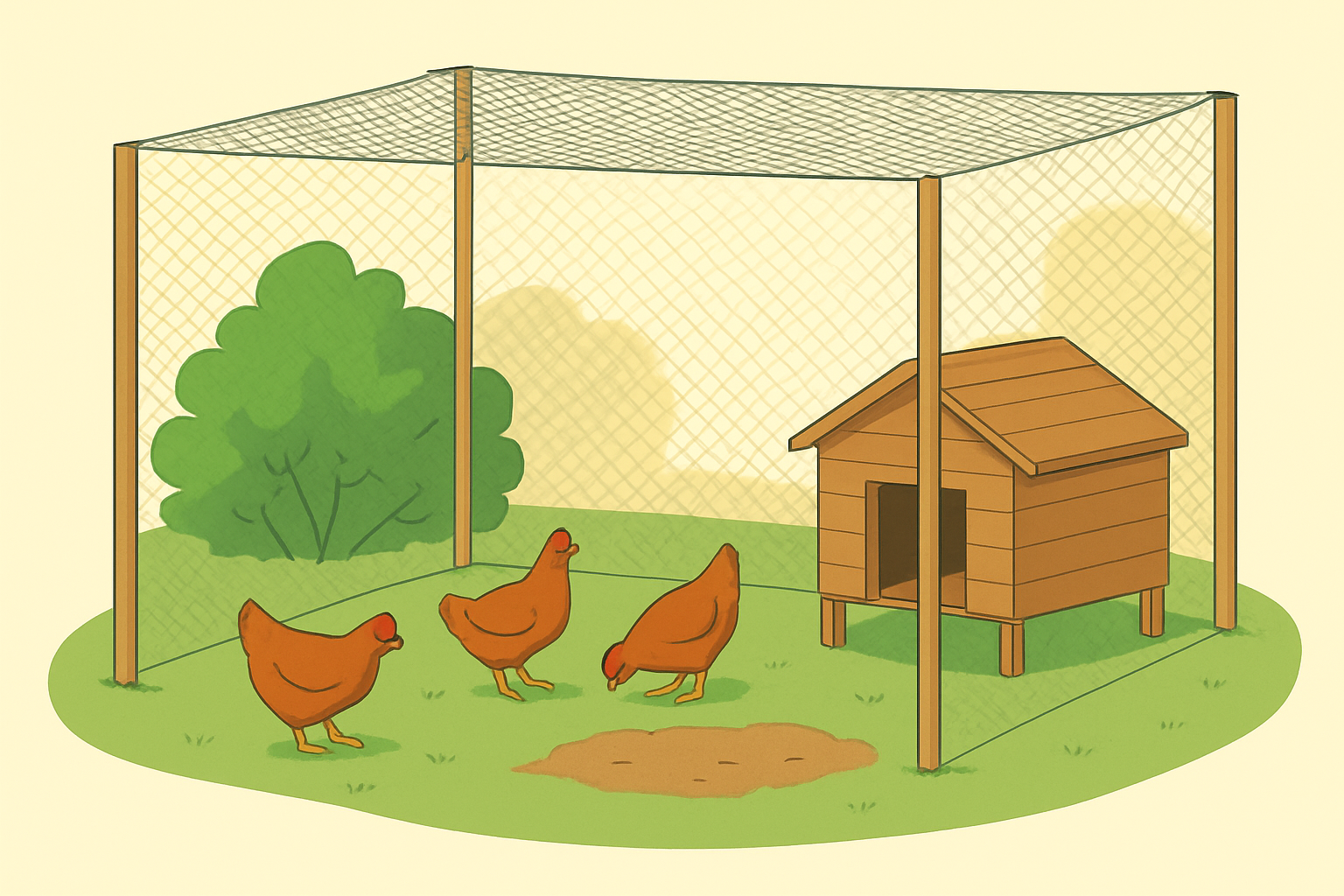 Illustration en coupe d'un enclos pour poules : grillage haut sur poteaux, bas enterre et replie en L, filet de toit anti-predateur, abri ombrage et zone de terre pour bain de poussiere