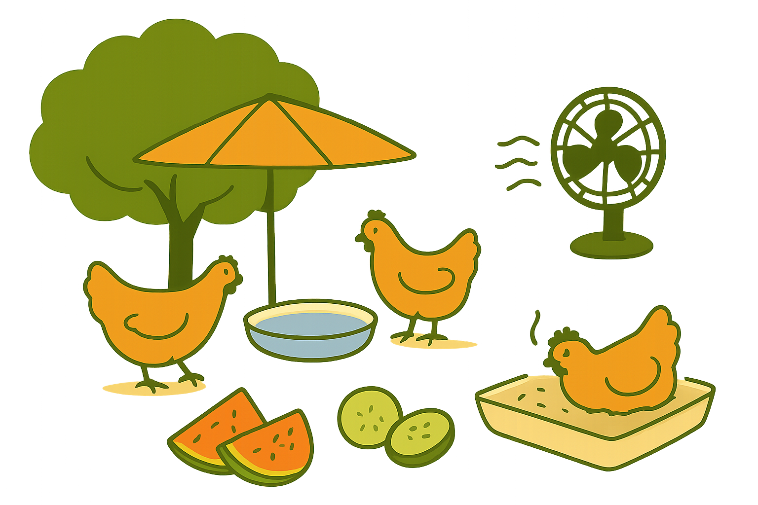 Schema des gestes pour rafraichir des poules en ete : ombre, eau fraiche, ventilation, bain de terre et aliments gorges d'eau