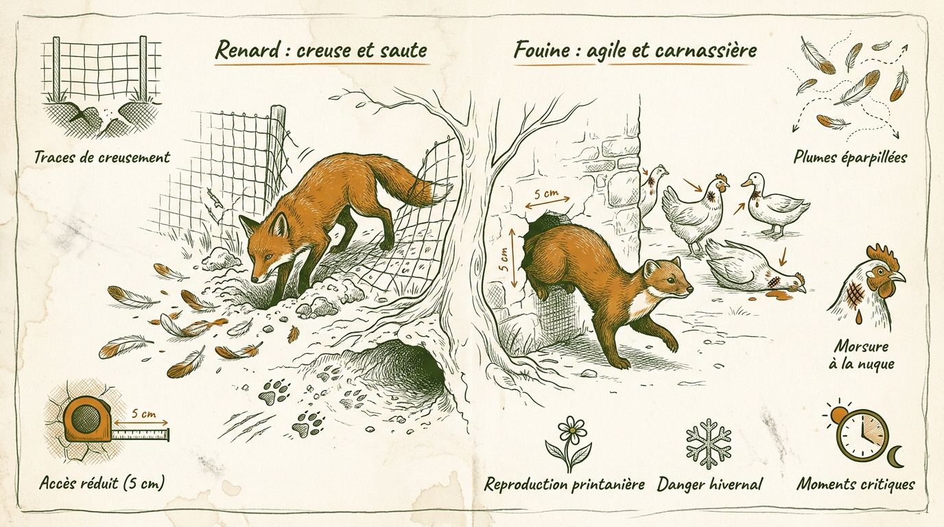 Comparaison des méthodes d'attaque entre le renard et la fouine au poulailler