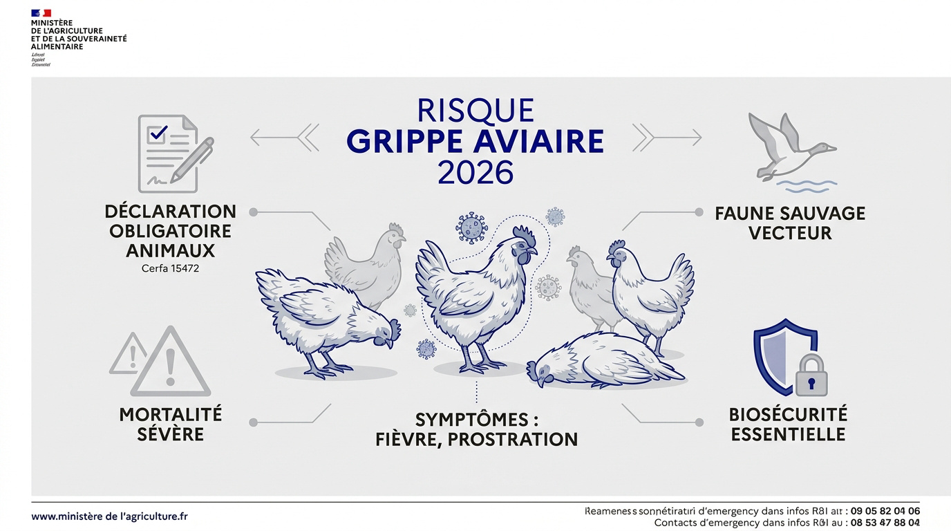 Infographie sur les niveaux de risque de la grippe aviaire en France pour 2026