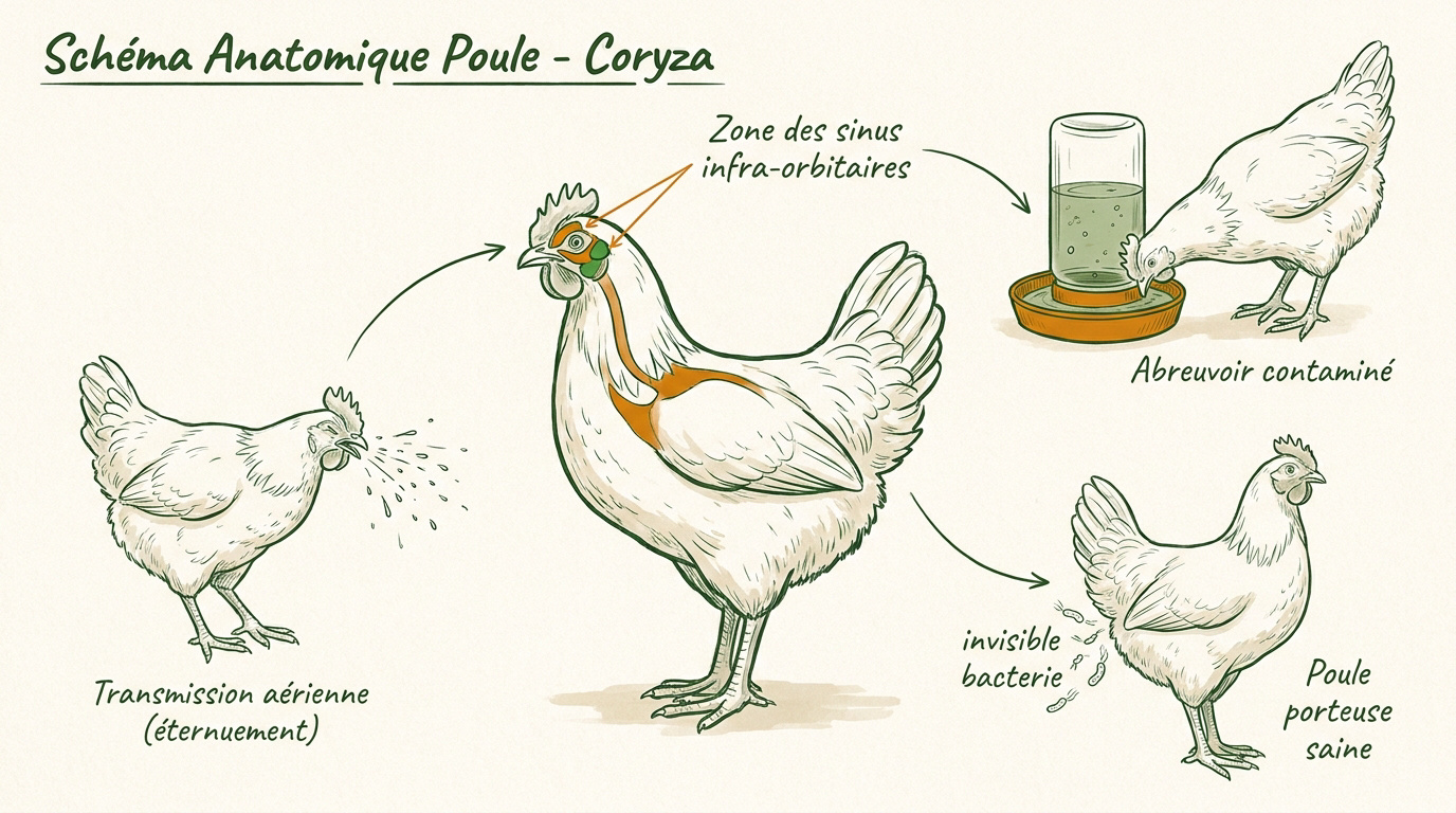 Schéma anatomique des sinus et voies respiratoires d'une poule atteinte de coryza