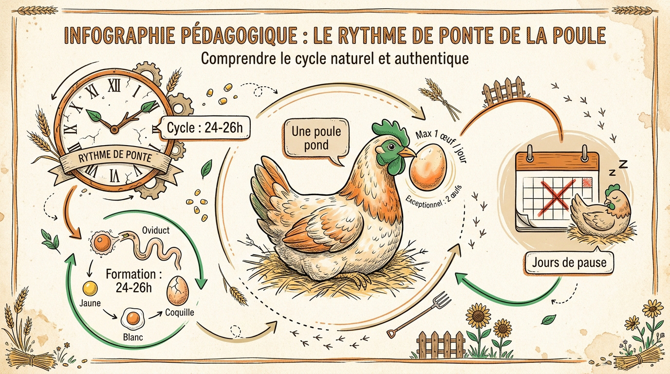 Infographie expliquant le cycle de ponte d'une poule sur 24 à 26 heures