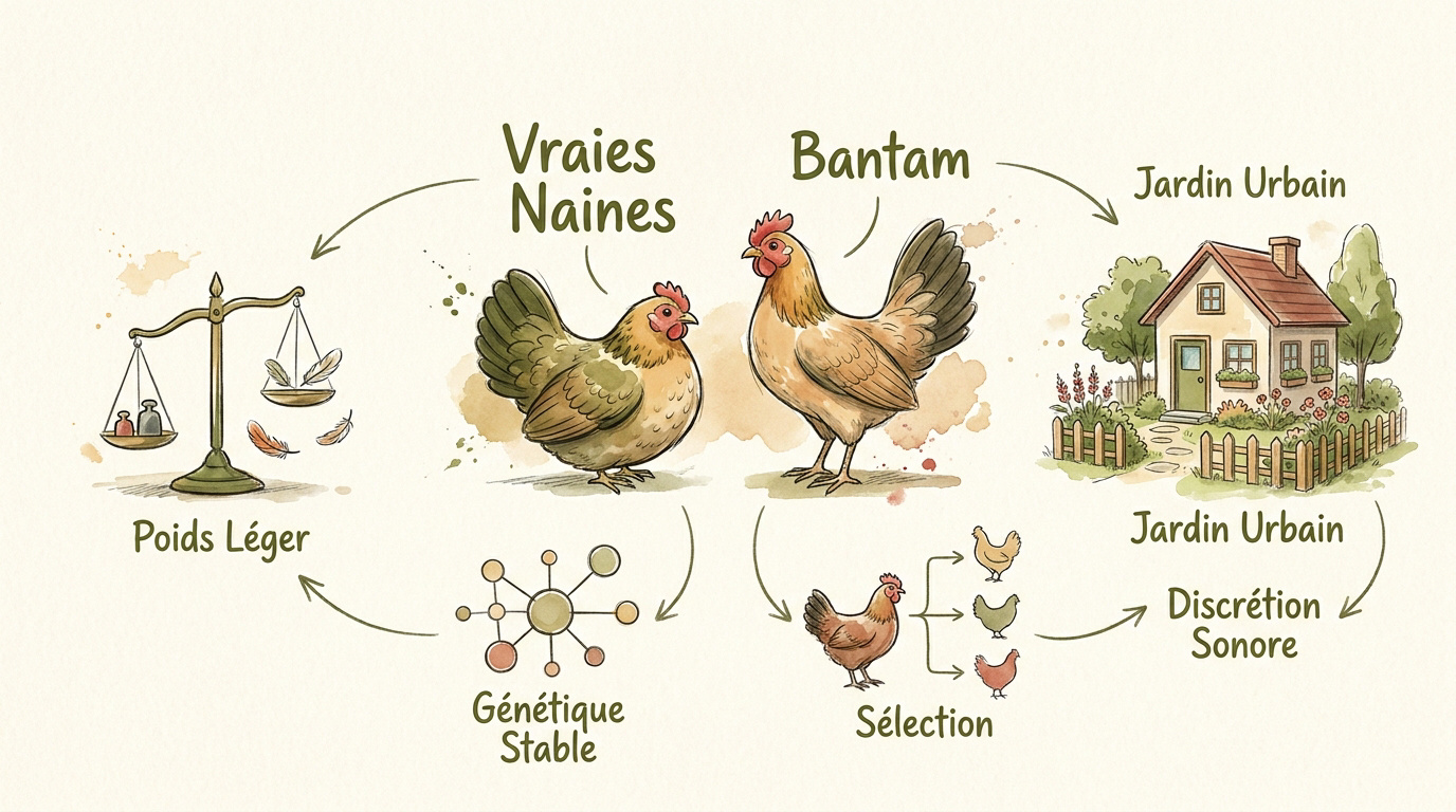 Comparaison visuelle entre une poule naine véritable et une race miniaturisée de type Bantam