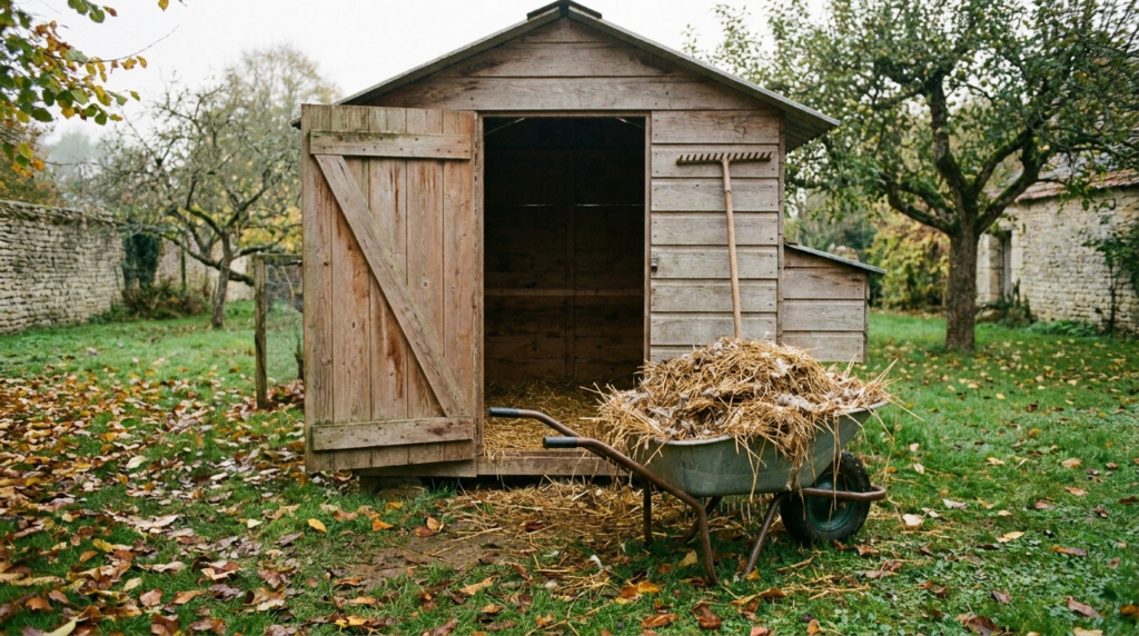 Grand nettoyage d'automne d'un poulailler en bois : porte ouverte pour aerer, brouette de litiere usagee et rateau au milieu des feuilles mortes