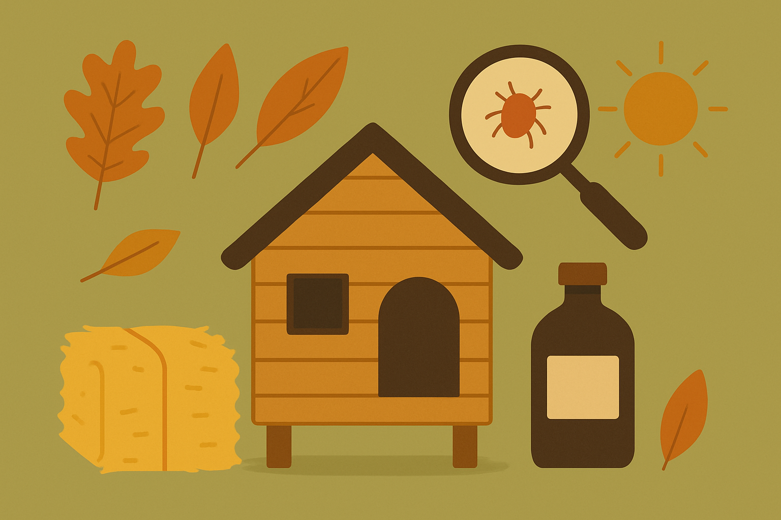 Illustration des chantiers d'automne au poulailler : litière, parasites, vermifuge et baisse de lumière autour de l'abri