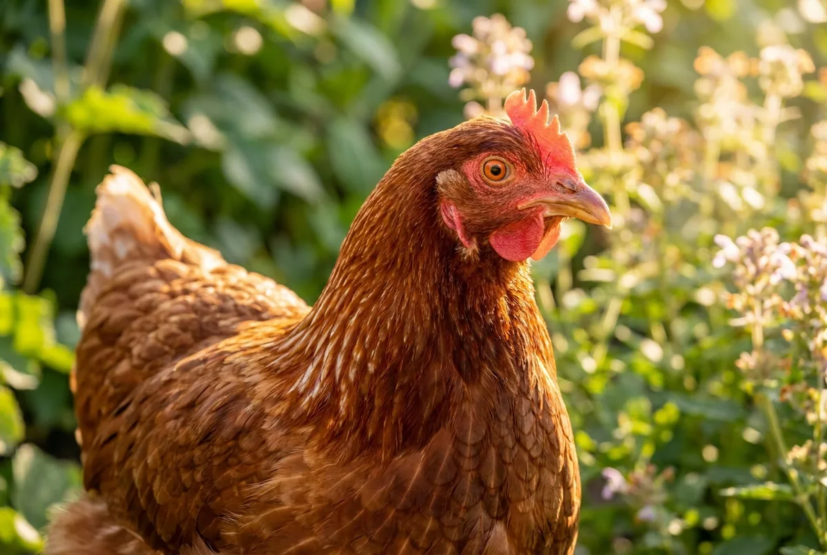 Poule rousse en gros plan dans un jardin ensoleillé