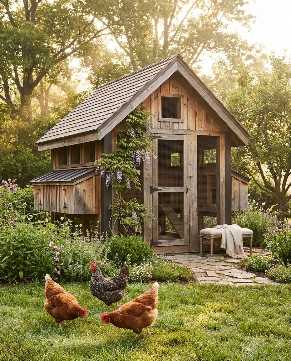 Poulailler en bois dans un jardin avec des poules, à l'heure dorée